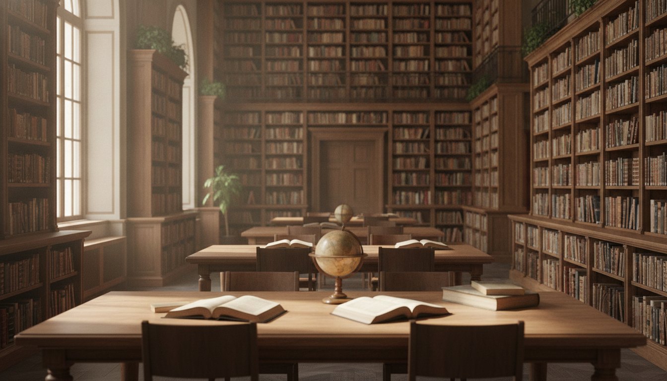 Salão amplo com estantes altas de madeira repletas de livros e mesas de leitura iluminadas.