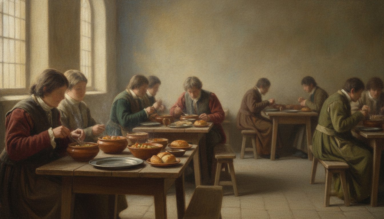 pintura de época com pessoas sentadas em pequenas mesas de madeira consumindo refeições quentes
