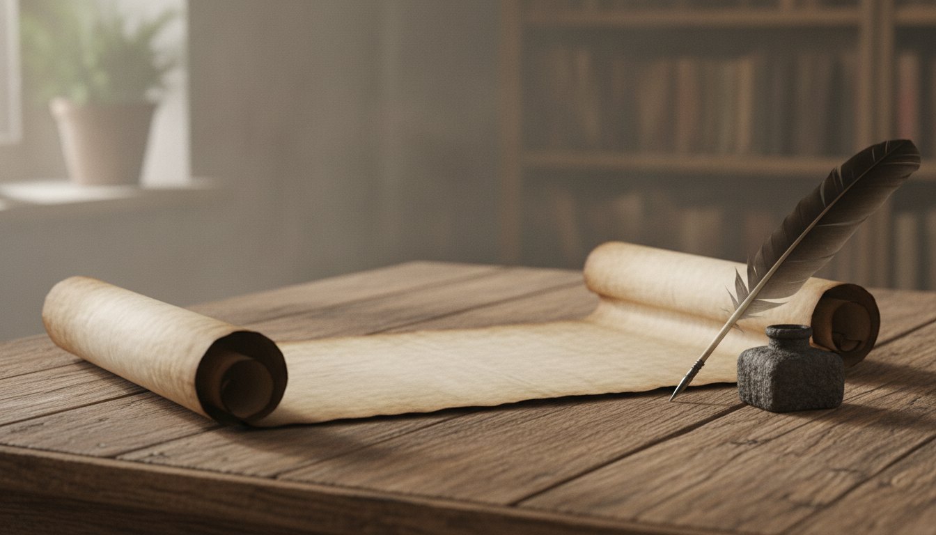 Pergaminho antigo estendido sobre uma mesa de madeira rústica com uma pena de escrita ao lado.