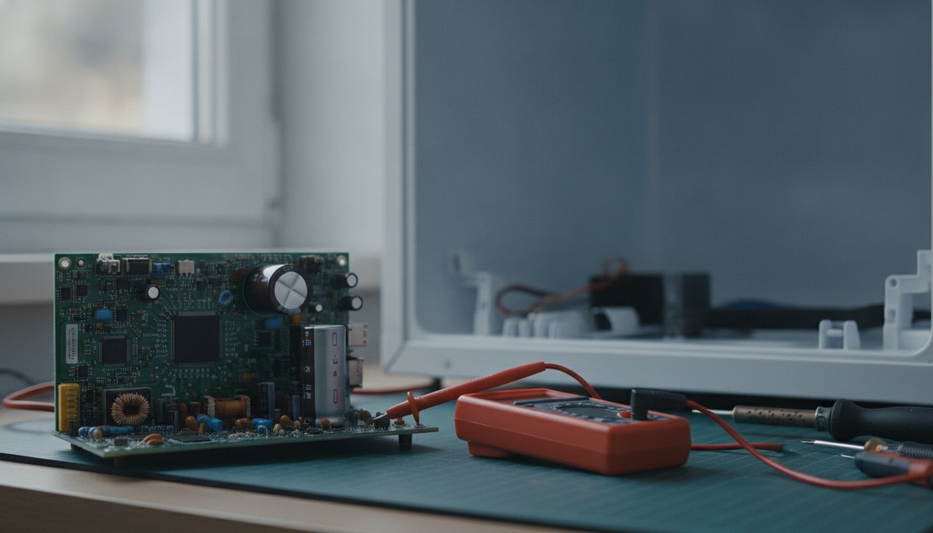 Técnico inspecionando a placa eletrônica de um eletrodoméstico com o auxílio de um multímetro digital.