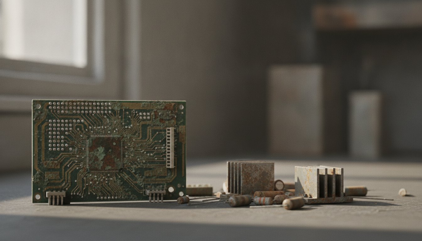 Placa de circuito impresso com manchas esverdeadas de ferrugem ao lado de componentes metálicos oxidados.
