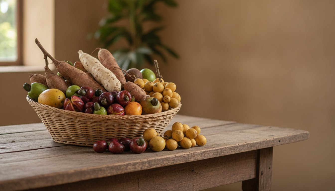 Cesto de palha repleto de mandiocas e frutas nativas sobre uma mesa de madeira rústica.