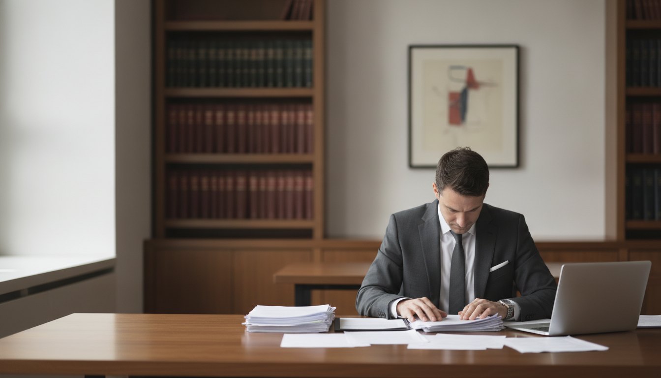Homem de terno analisando documentos em uma mesa de escritório com um laptop aberto.