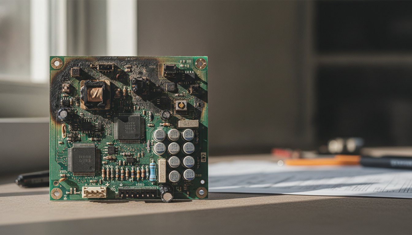 Placa de circuito impresso com componentes eletrônicos levemente chamuscados após um pico de energia