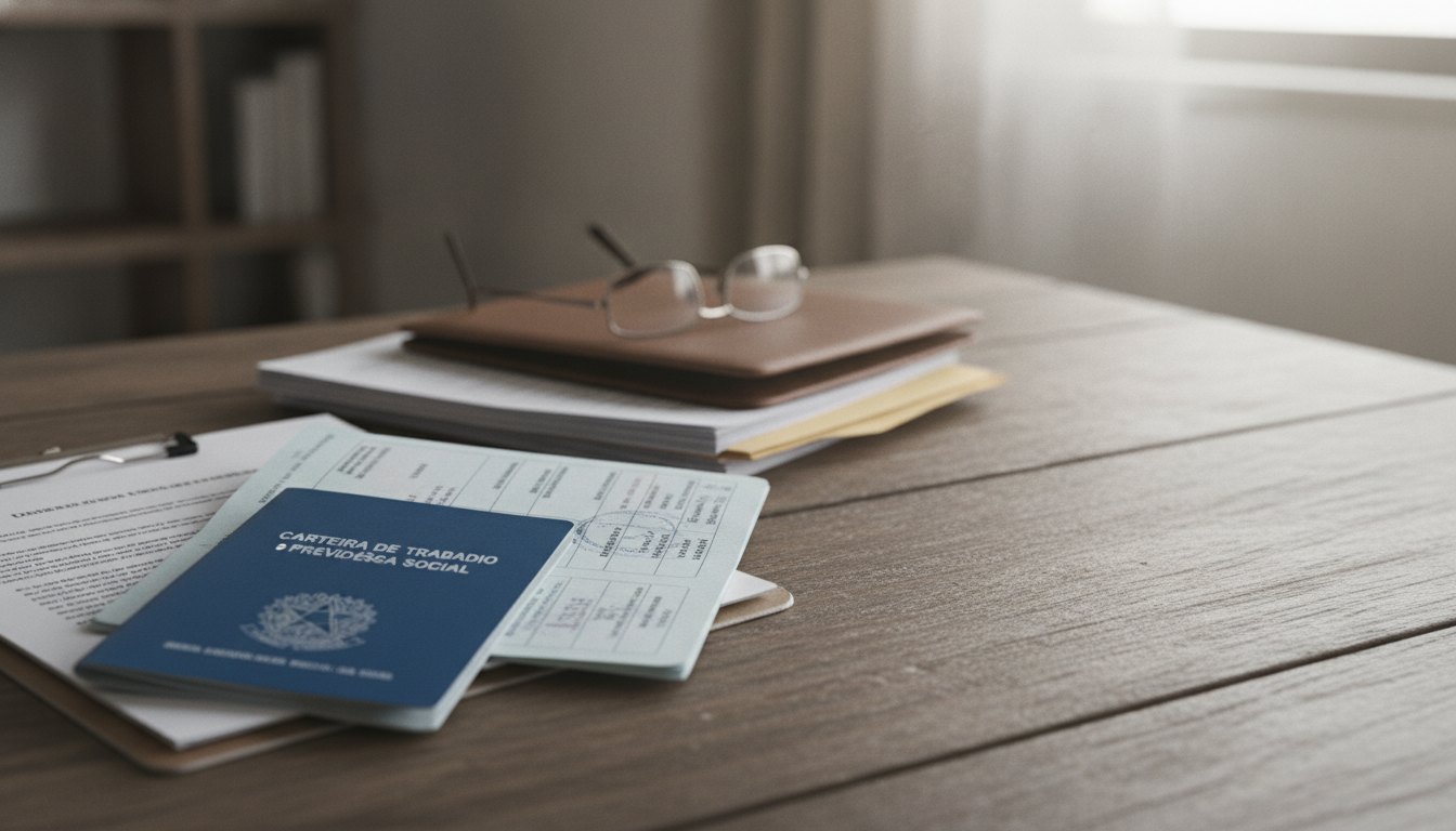Documentos, carteira de trabalho e óculos sobre uma mesa de madeira.