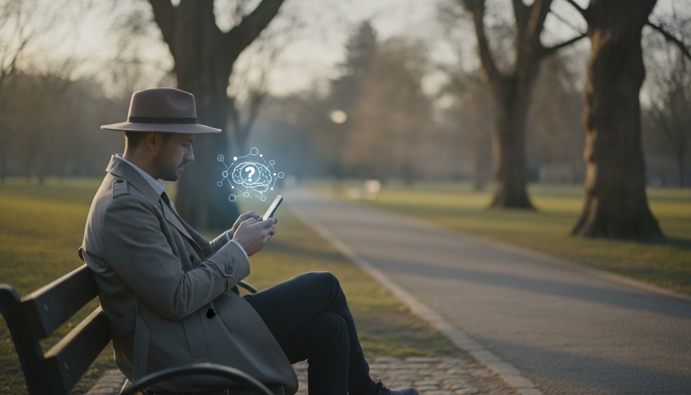 Pessoa sentada em um banco de praça olhando para a tela iluminada de um celular.
