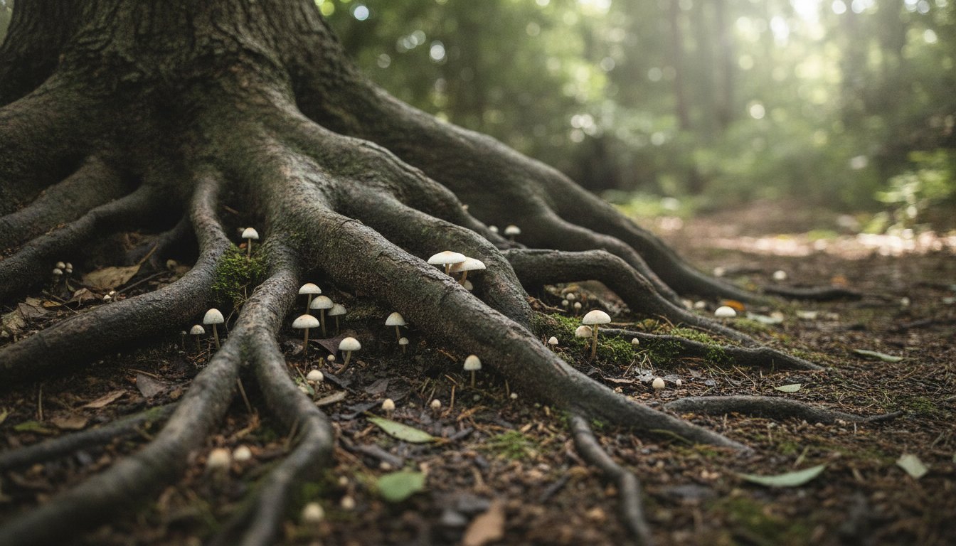 Raízes de árvores entrelaçadas no solo úmido da floresta com pequenos cogumelos brancos brotando ao redor.