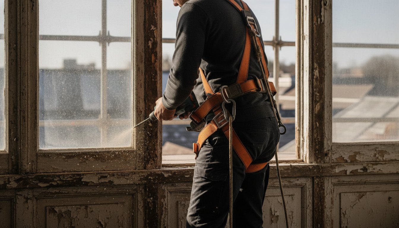Trabalhador com cinto de segurança perfurando a lateral de uma janela de madeira antiga.