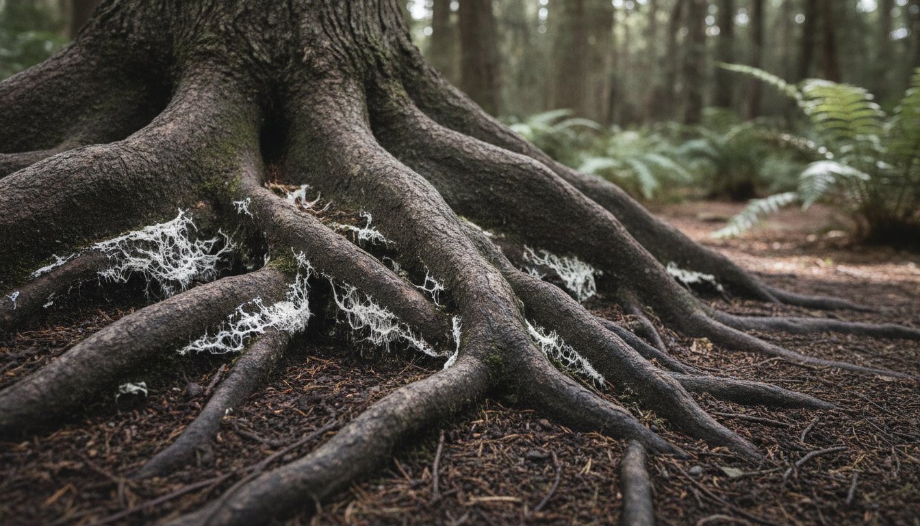 Raízes de árvores entrelaçadas com filamentos brancos de fungos no solo escuro de uma floresta.