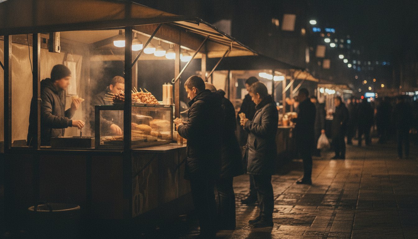 Pessoas em volta de uma barraca iluminada comprando espetinhos e pastéis à noite na rua.