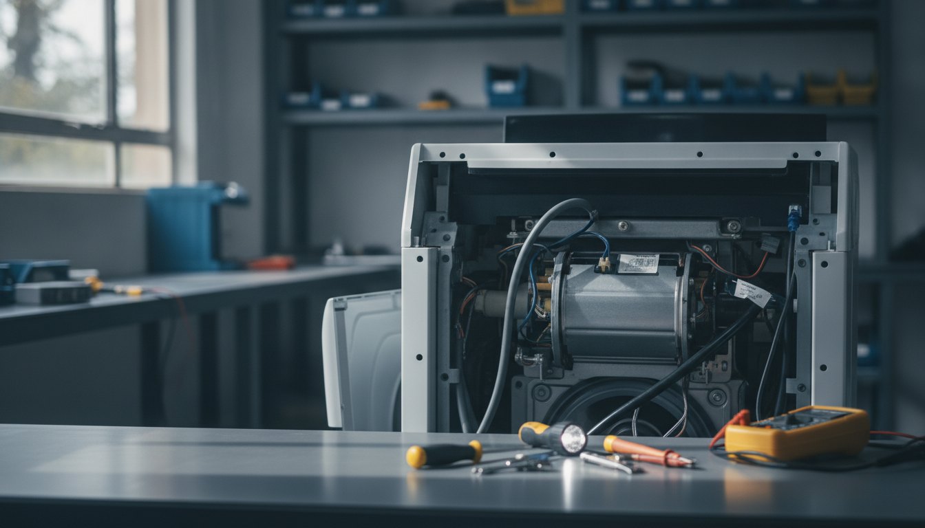 Técnico com ferramentas analisando o motor aberto de uma máquina de lavar roupas residencial.