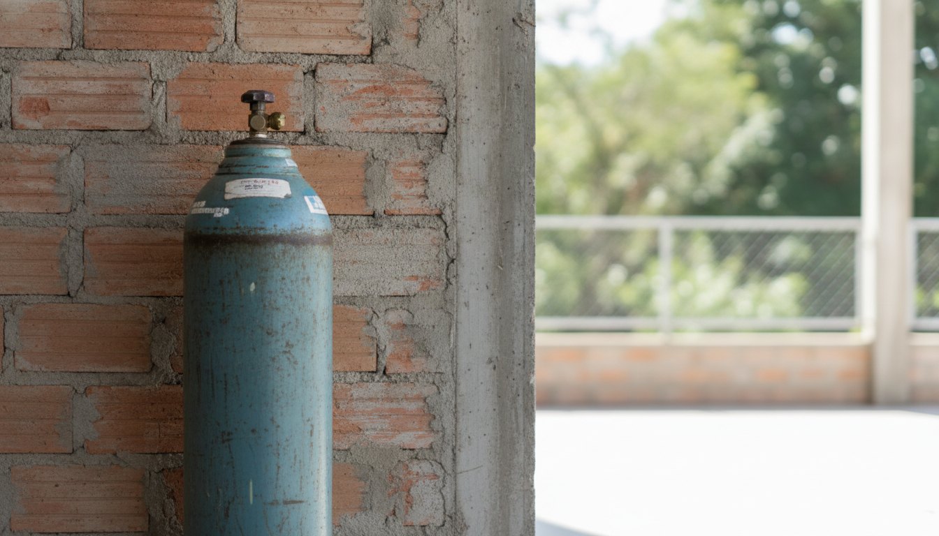 Cilindro de gás posicionado em área externa ventilada ao lado de uma parede de alvenaria.