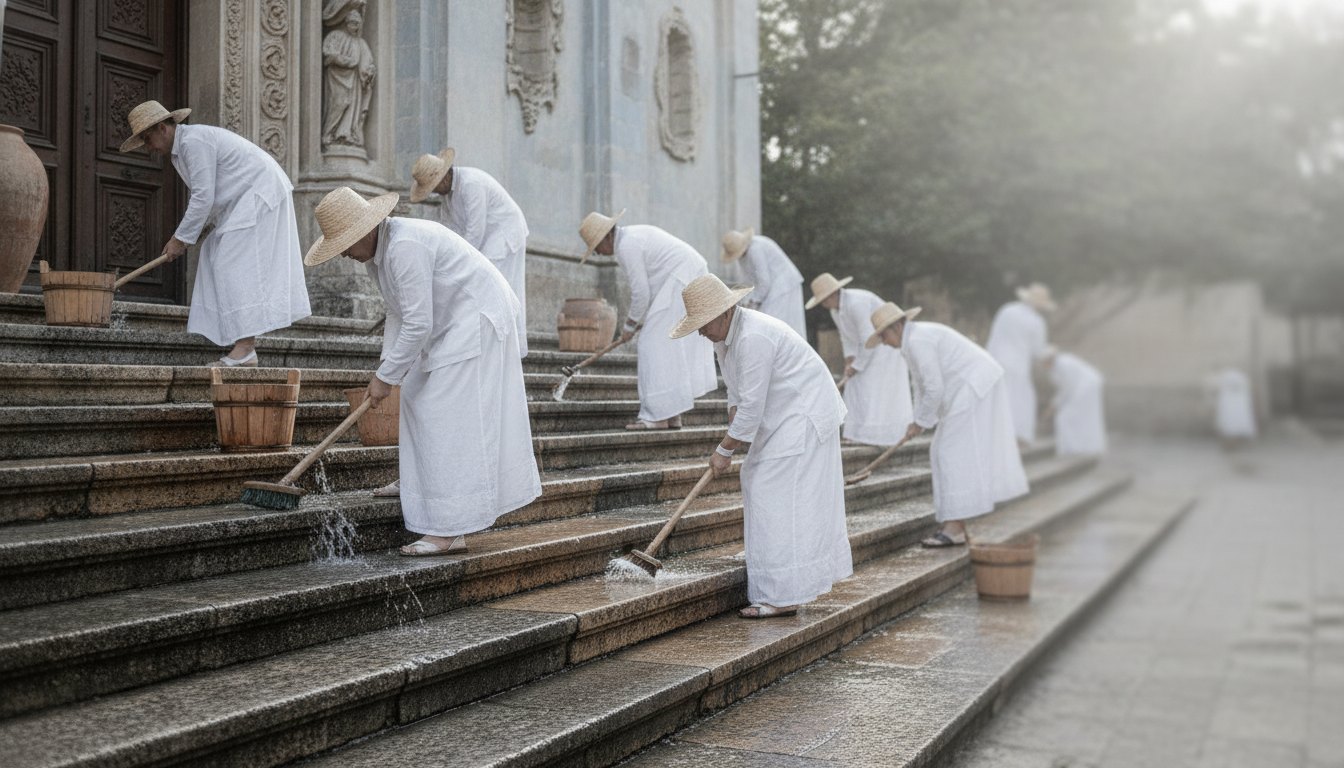 Fiéis vestidos de branco lavando as escadarias de uma igreja histórica durante uma festa popular.