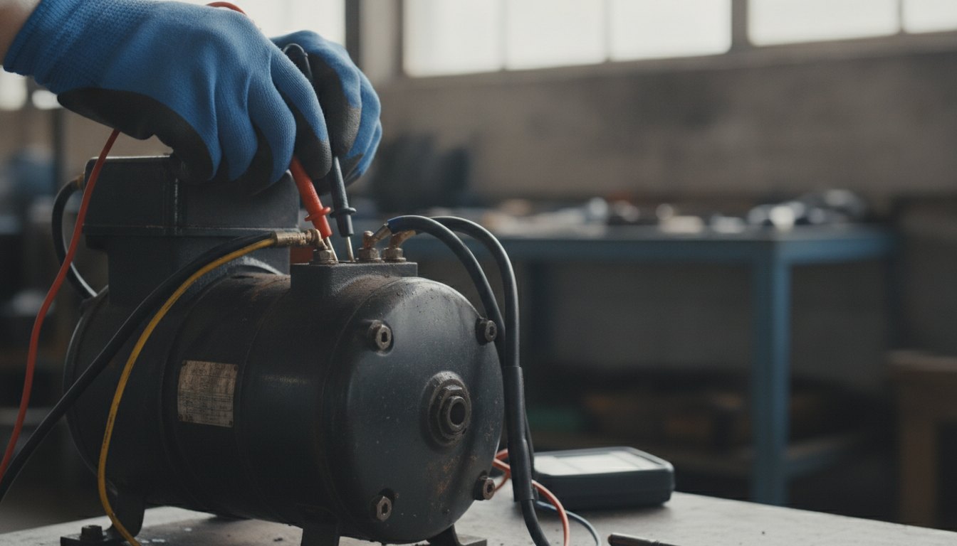 Técnico com luvas testando a corrente elétrica de um compressor escuro com um multímetro digital.
