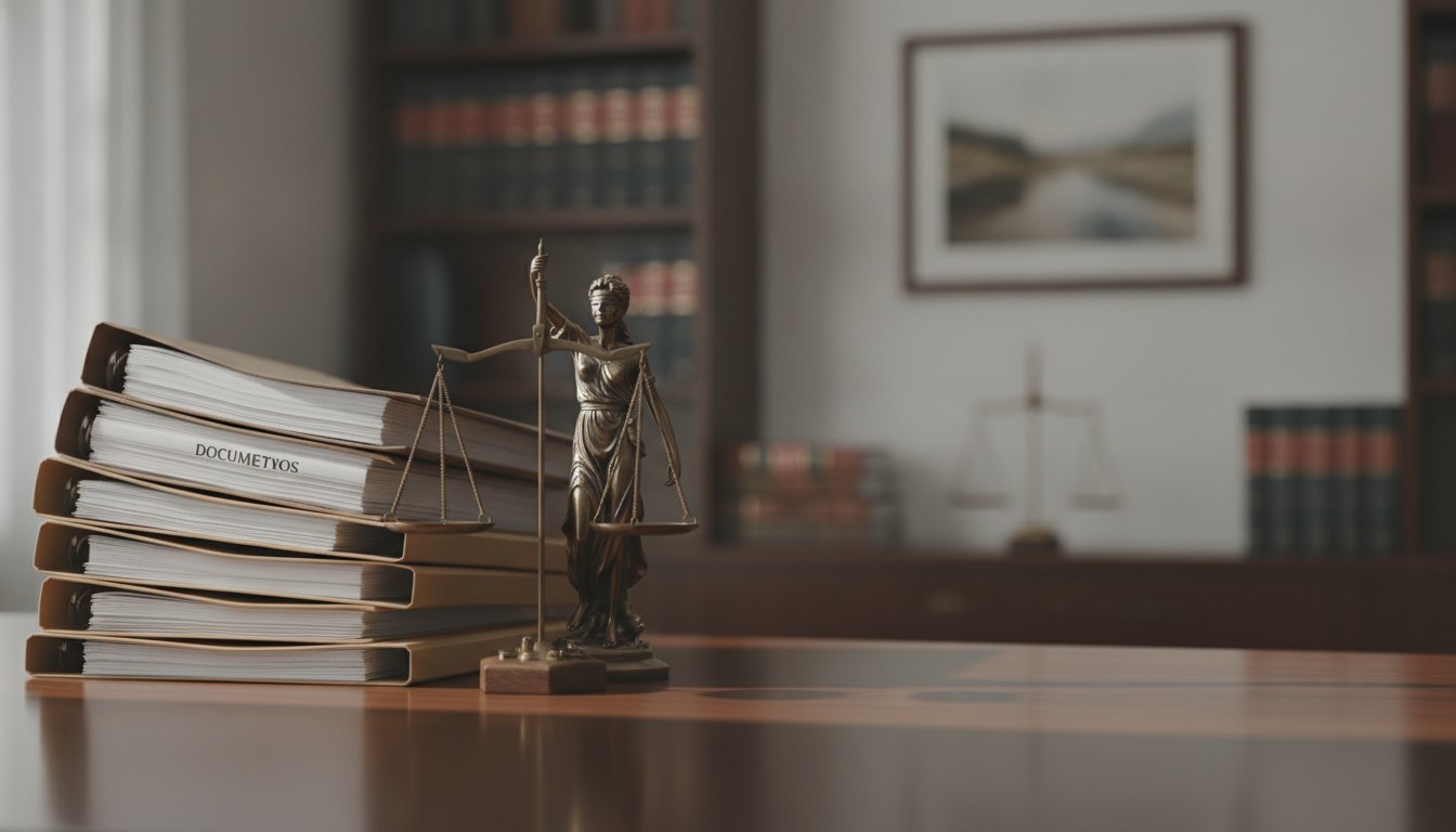 Documentos, pastas e uma balança da justiça sobre uma mesa de madeira em um escritório.