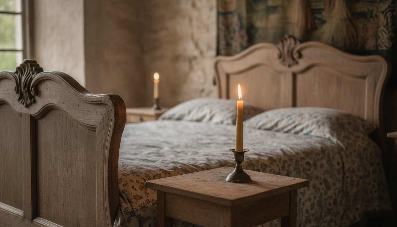 Cama antiga de madeira iluminada suavemente por uma vela sobre a mesa de cabeceira.