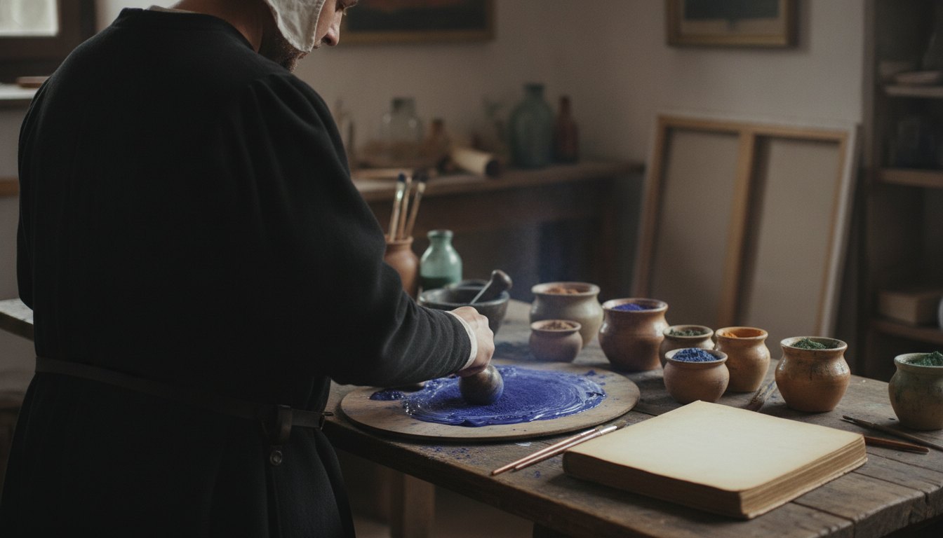 Pintor renascentista de costas misturando pó azul escuro em uma paleta de madeira sobre mesa rústica.