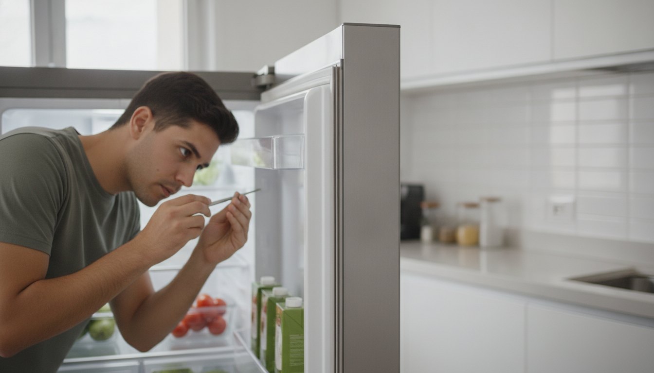 Geladeira aberta com uma pessoa inspecionando a borracha de vedação da porta na cozinha.